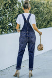 Pocketed Distressed Denim Overalls