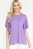 Plus Size - Solid Short Butterfly Sleeve Round Neck Top